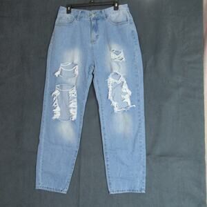 Shein Jeans Womens XL Blue Denim Distressed Straight Leg High Rise Mom Grunge